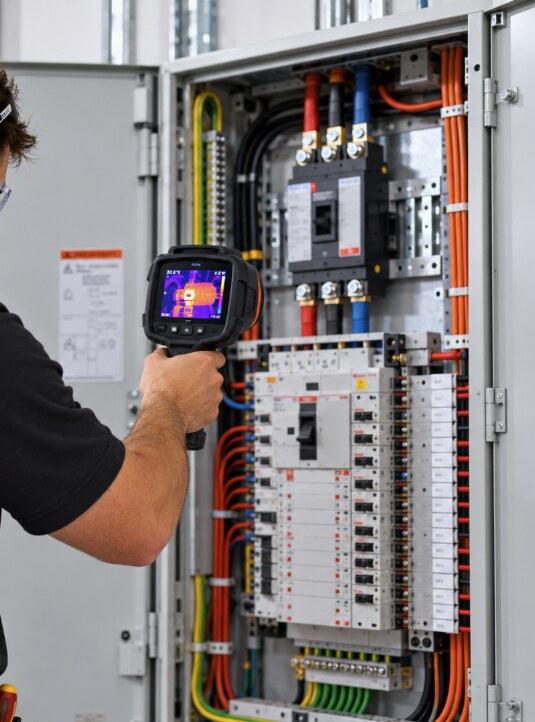 Electrician scanning a commercial switchboard with a thermal imaging camera