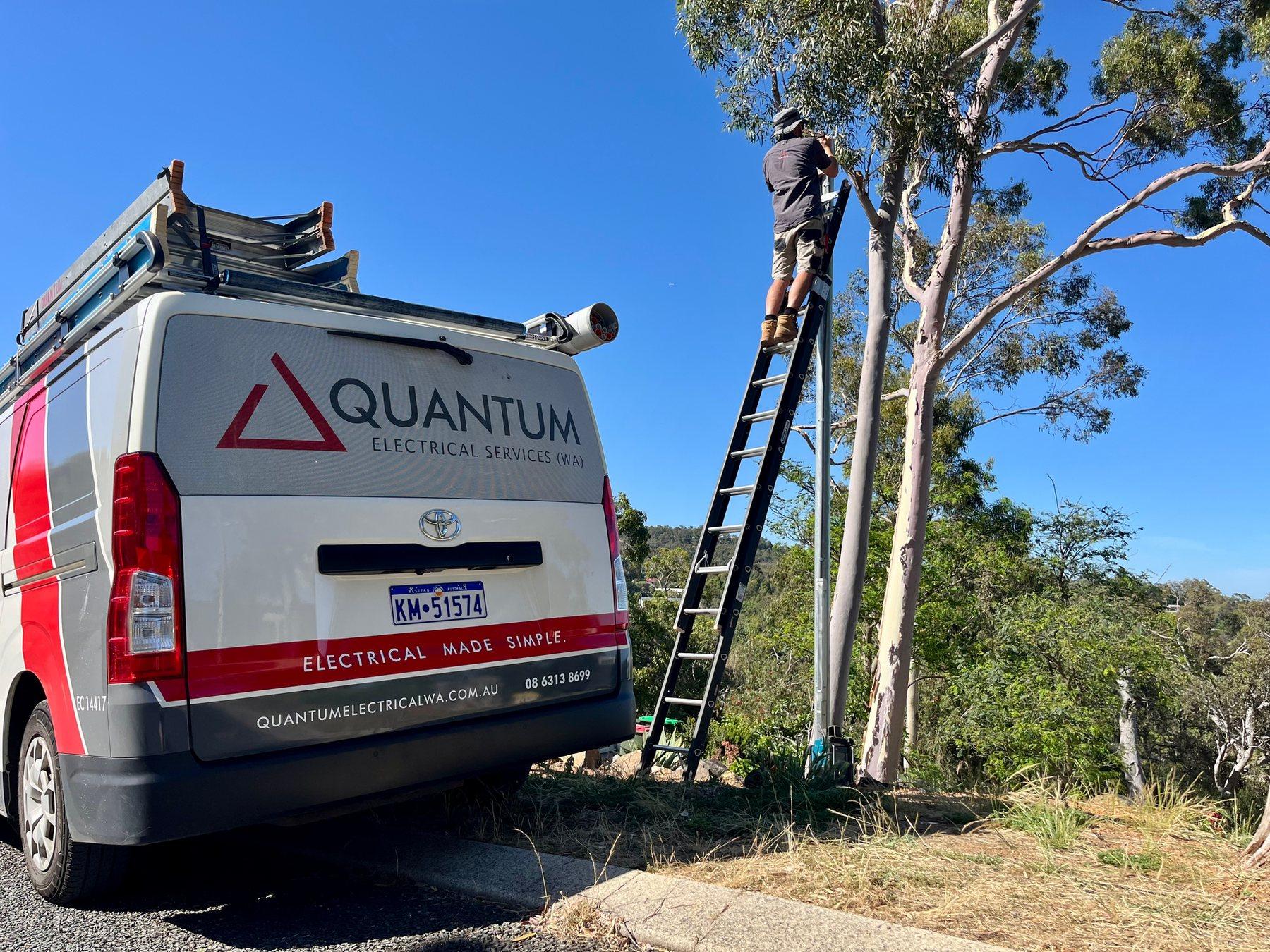 Quantum van parked beside a gum tree while an electrician works on an overhead connection